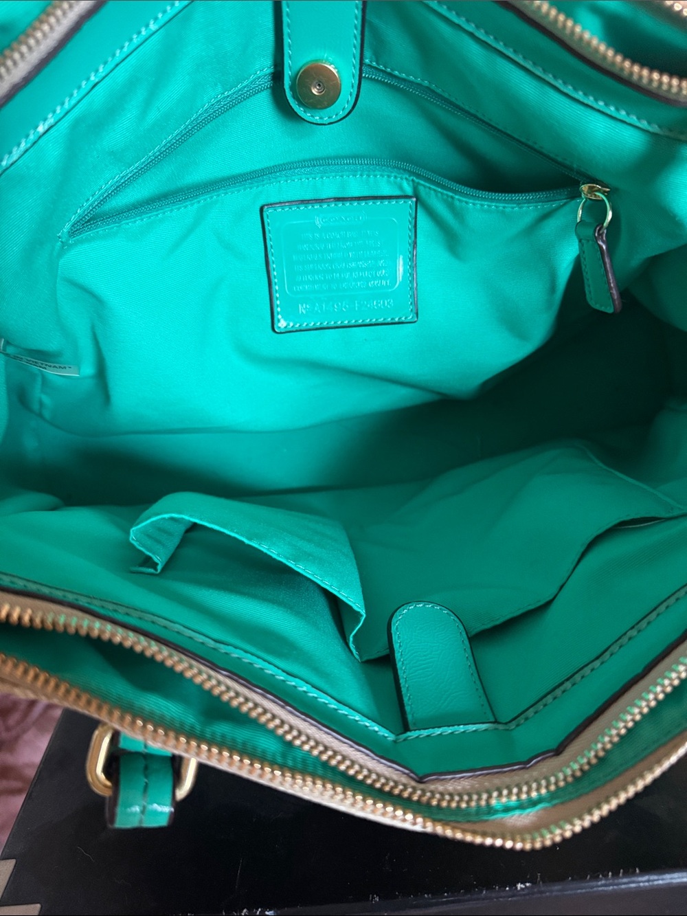 Coach Beige Signature Tote with Teal Trim and Straps - Picture 3 of 7